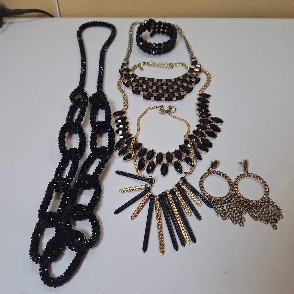 Vintage Black Gold Statement Jewelry Lot 6 Pc Necklace Earrings Bracelet Boho Re